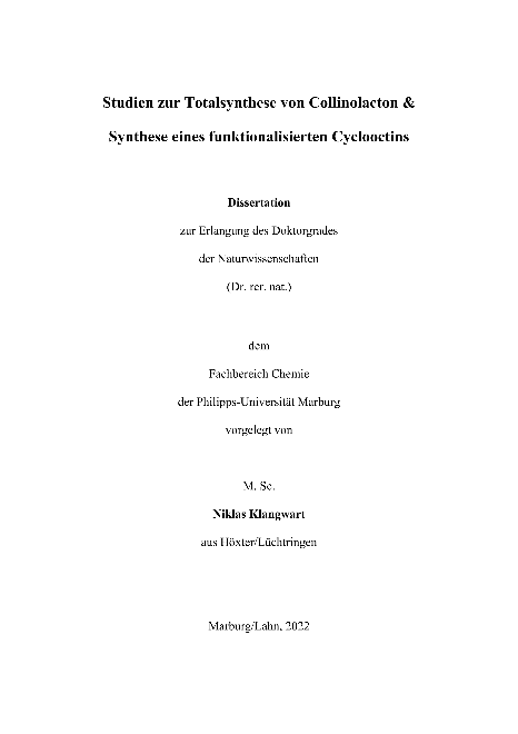 Studien zur Totalsynthese von Collinolacton & Synthese eines funktionalisierten Cyclooctins