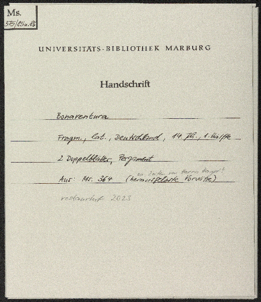 Universitätsbibliothek Marburg Ms. 375,85-86: Bonaventura