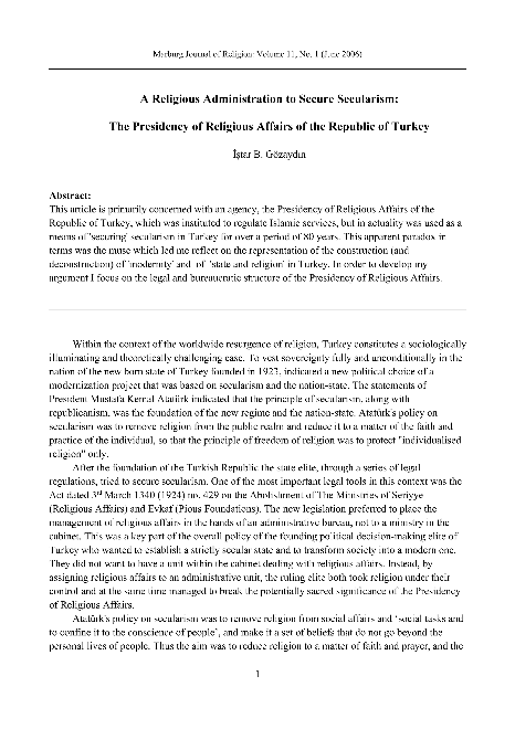 A Religious Administration to Secure Secularism: The Presidency of Religious Affairs of the Republic of Turkey