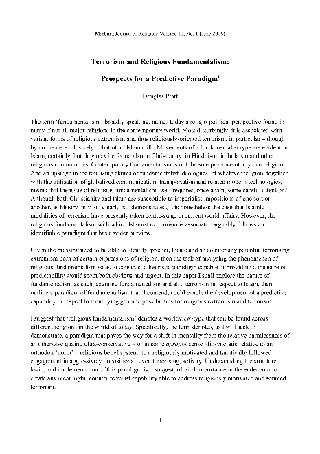 Terrorism and Religious Fundamentalism: Prospects for a Predictive Paradigm