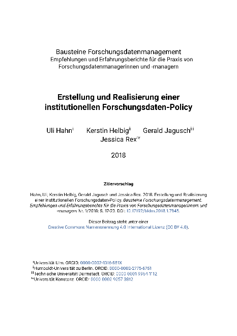 Erstellung und Realisierung einer institutionellen Forschungsdaten-Policy