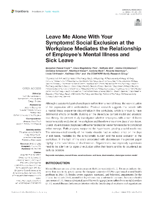 Leave Me Alone With Your Symptoms! Social Exclusion at the Workplace Mediates the Relationship of Employee's Mental Illness and Sick Leave