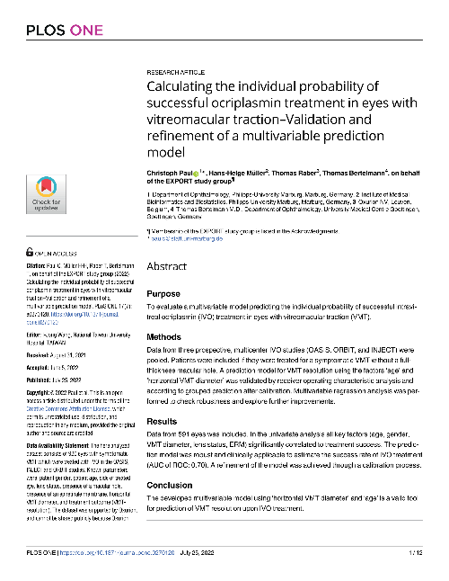 Calculating the individual probability of successful ocriplasmin treatment in eyes with vitreomacular traction : Validation and refinement of a multivariable prediction model