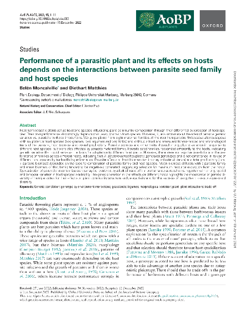 Performance of a parasitic plant and its effects on hosts depends on the interactions between parasite seed family and host species