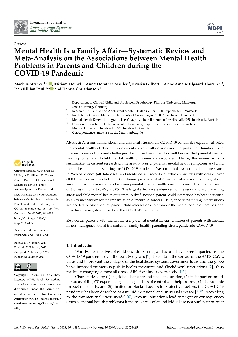 Mental Health Is a Family Affair—Systematic Review and Meta-Analysis on the Associations between Mental Health Problems in Parents and Children during the COVID-19 Pandemic