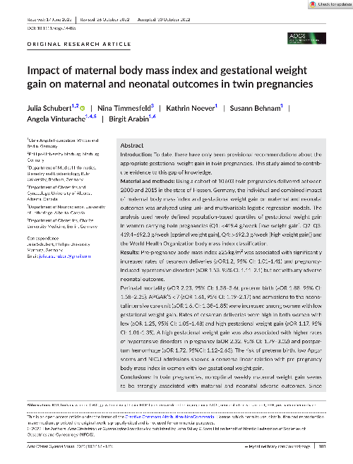 Impact of maternal body mass index and gestational weight gain on maternal and neonatal outcomes in twin pregnancies