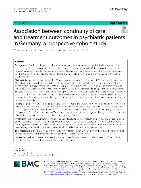 Association between continuity of care and treatment outcomes in psychiatric patients in Germany: a prospective cohort study