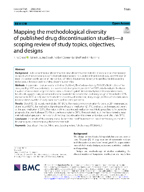 Mapping the methodological diversity of published drug discontinuation studies—a scoping review of study topics, objectives, and designs