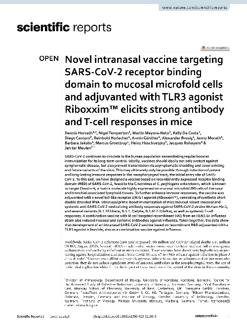 Novel intranasal vaccine targeting SARS-CoV-2 receptor binding domain to mucosal microfold cells and adjuvanted with TLR3 agonist Riboxxim™ elicits strong antibody and T-cell responses in mice