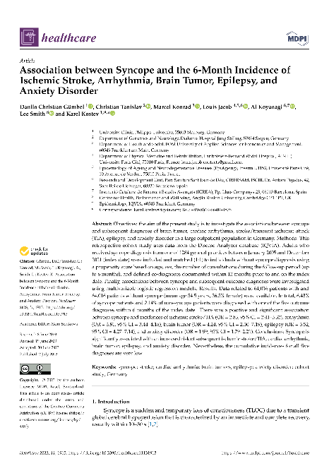 Association between Syncope and the 6-Month Incidence of Ischemic Stroke, Arrhythmia, Brain Tumor, Epilepsy, and Anxiety Disorder