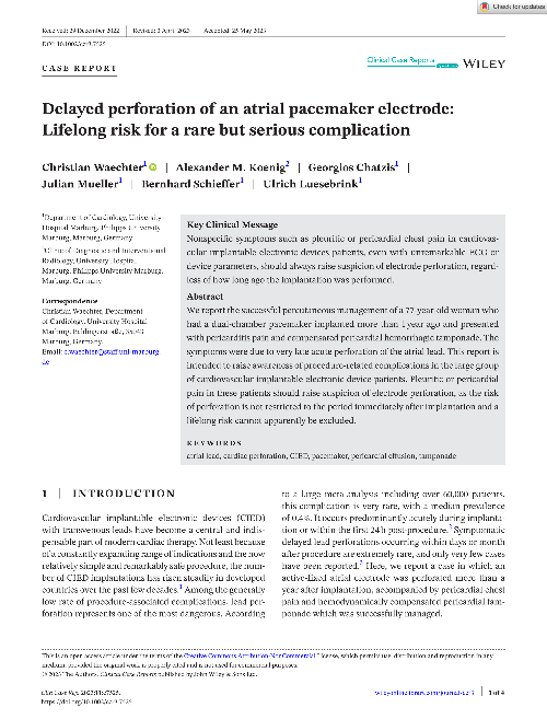Delayed perforation of an atrial pacemaker electrode: Lifelong risk for a rare but serious complication