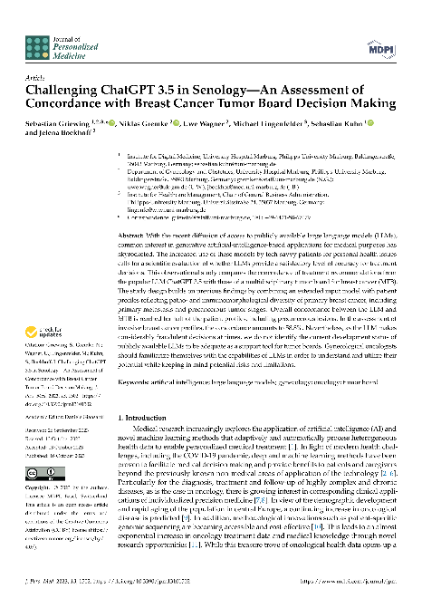 Challenging ChatGPT 3.5 in Senology—An Assessment of Concordance with Breast Cancer Tumor Board Decision Making