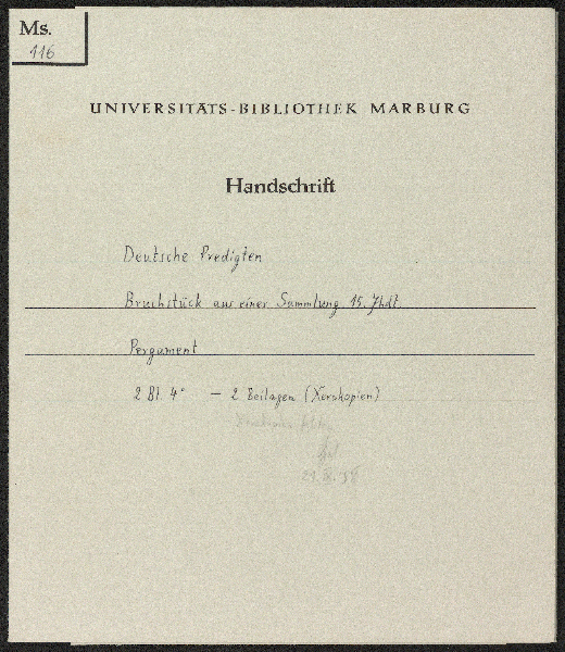 Universitätsbibliothek Marburg Ms. 116: Bertholdus Ratisbonensis