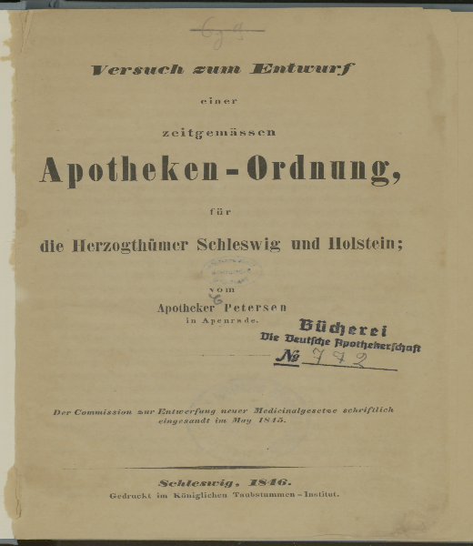 Versuch zum Entwurf einer zeitgemäßen Apotheken-Ordnung für die Herzogthümer Schleswig und Holstein