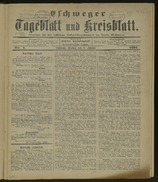Eschweger Tageblatt und Kreisblatt. Jg. 1891