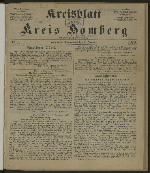 Kreisblatt für den Kreis Homberg (Regierungs-Bezirks Cassel). 8.1876