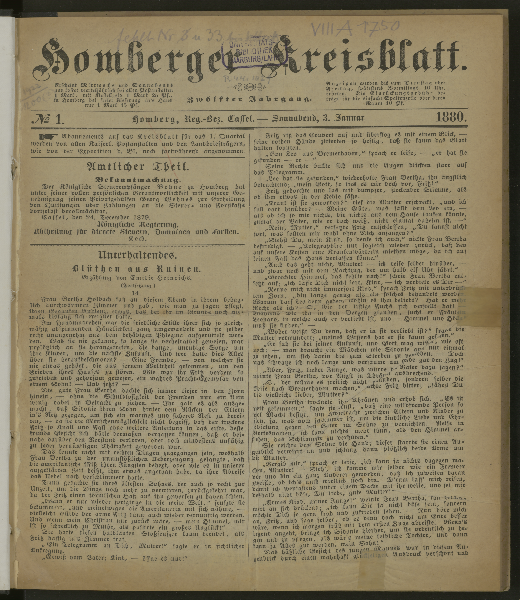 Homberger Kreisblatt : amtl. Tageblatt für den Kreis Homberg. 12.1880