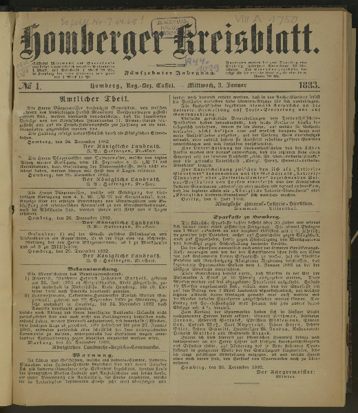 Homberger Kreisblatt : amtl. Tageblatt für den Kreis Homberg. 15.1883