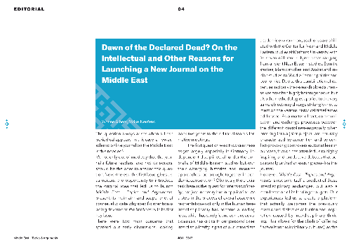 Dawn of the Declared Dead? On the Intellectual and Other Reasons for Launching a New Journal on the Middle East