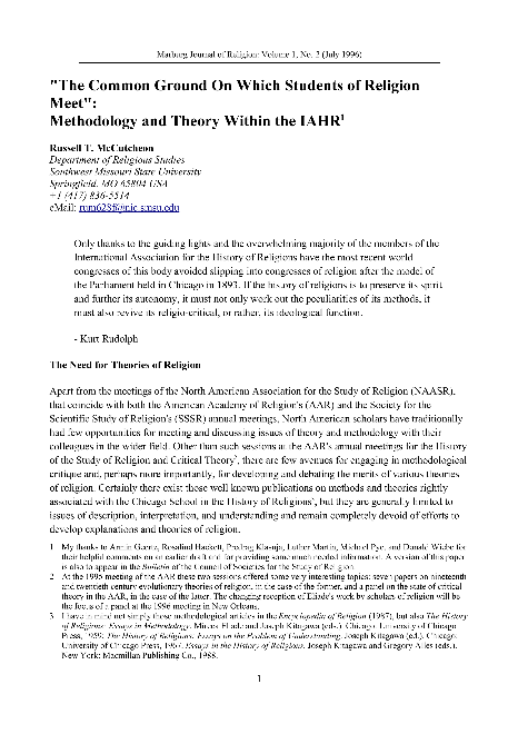 "The Common Ground On Which Students of Religion Meet": Methodology and Theory Within the IAHR