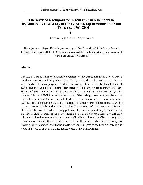 The work of a religious representative in a democratic legislature: A case study of the Lord Bishop of Sodor and Man in Tynwald, 1961-2001