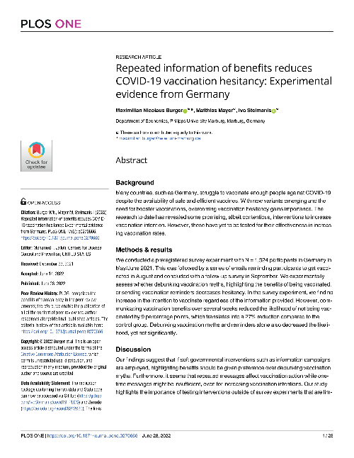 Repeated information of benefits reduces COVID-19 vaccination hesitancy: Experimental evidence from Germany