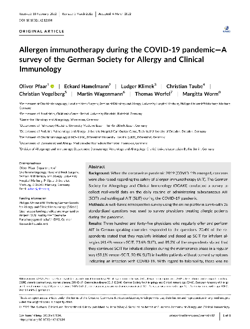 Allergen immunotherapy during the COVID-19 pandemic : A survey of the German Society for Allergy and Clinical Immunology