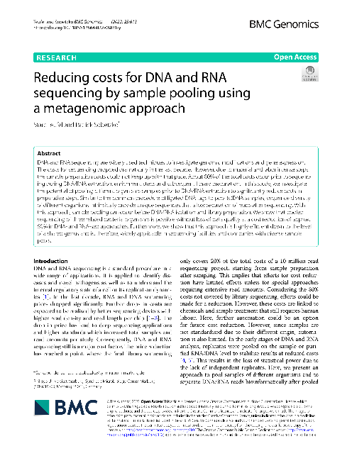 Reducing costs for DNA and RNA sequencing by sample pooling using a metagenomic approach