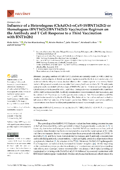 Influence of a Heterologous (ChAdOx1-nCoV-19/BNT162b2) or Homologous (BNT162b2/BNT162b2) Vaccination Regimen on the Antibody and T Cell Response to a Third Vaccination with BNT162b2