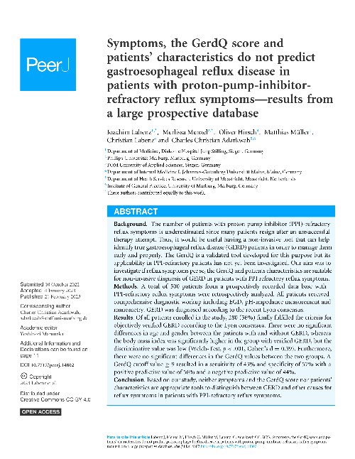 Symptoms, the GerdQ score and patients’ characteristics do not predict gastroesophageal reflux disease in patients with proton-pump-inhibitor-refractory reflux symptoms : results from a large prospective database