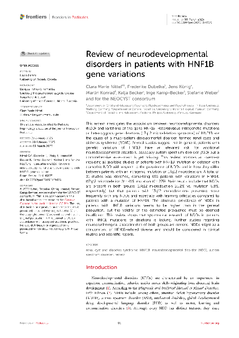 Review of neurodevelopmental disorders in patients with HNF1B gene variations