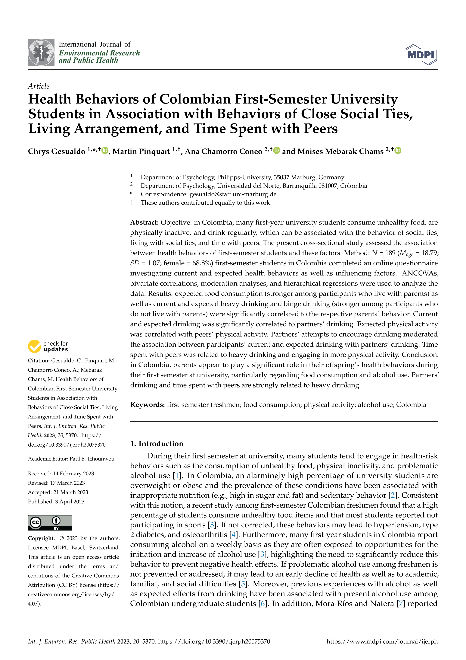Health Behaviors of Colombian First-Semester University Students in Association with Behaviors of Close Social Ties, Living Arrangement, and Time Spent with Peers