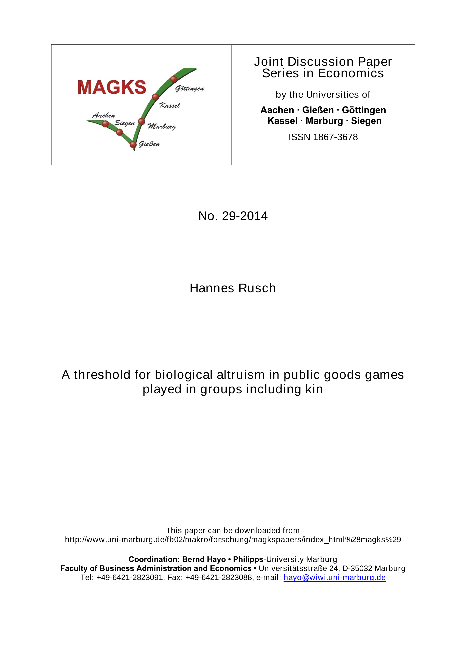A threshold for biological altruism in public goods games played in groups including kin