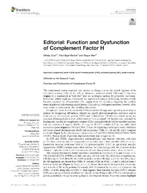 Editorial: Function and Dysfunction of Complement Factor H