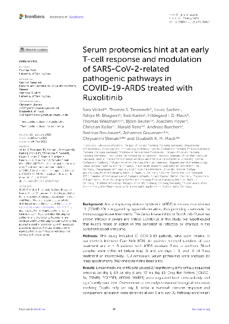Serum proteomics hint at an early T-cell response and modulation of SARS-CoV-2-related pathogenic pathways in COVID-19-ARDS treated with Ruxolitinib