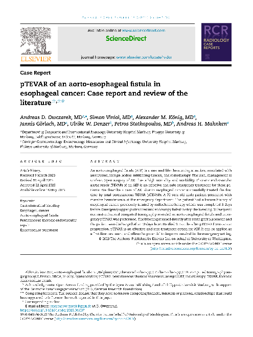 pTEVAR of an aorto-esophageal fistula in esophageal cancer: Case report and review of the literature