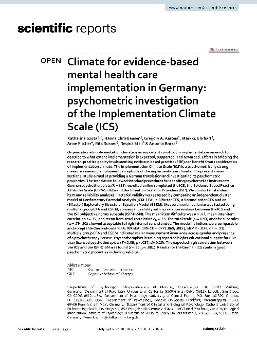 Climate for evidence-based mental health care implementation in Germany: psychometric investigation of the Implementation Climate Scale (ICS)