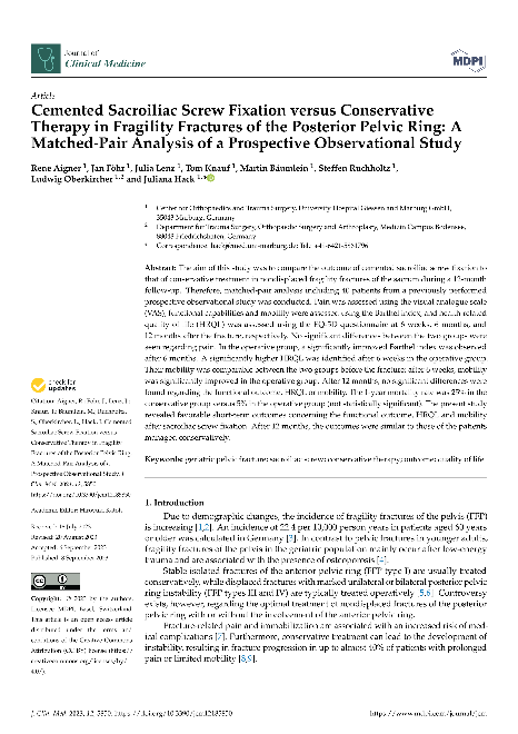 Cemented Sacroiliac Screw Fixation versus Conservative Therapy in Fragility Fractures of the Posterior Pelvic Ring: A Matched-Pair Analysis of a Prospective Observational Study