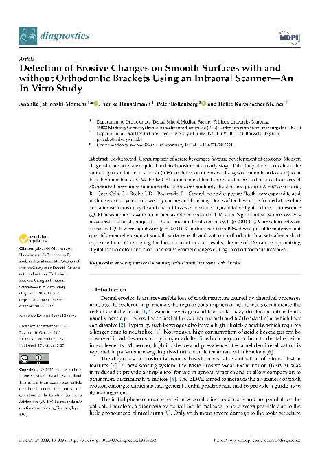 Detection of Erosive Changes on Smooth Surfaces with and without Orthodontic Brackets Using an Intraoral Scanner—An In Vitro Study